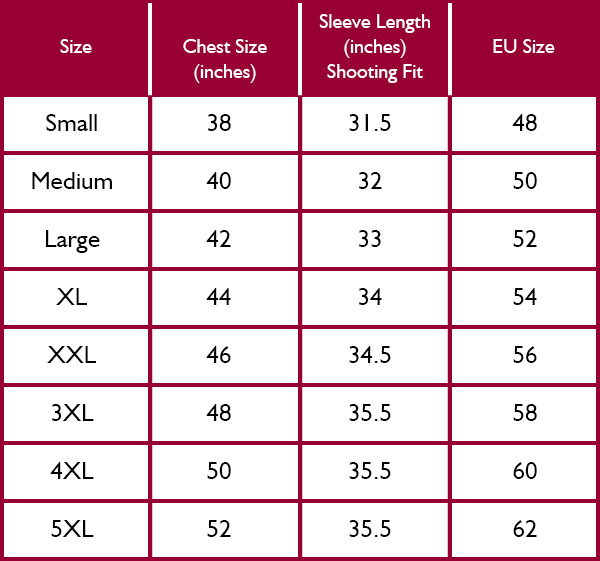 Alan Paine Mens Jackets Shooting Fit Size Guide