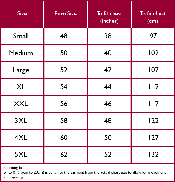 Alan Paine Mens Waistcoats Shooting Fit Size Guide