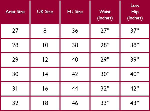 Ariat Womens Jeans and Trousers Size Guide