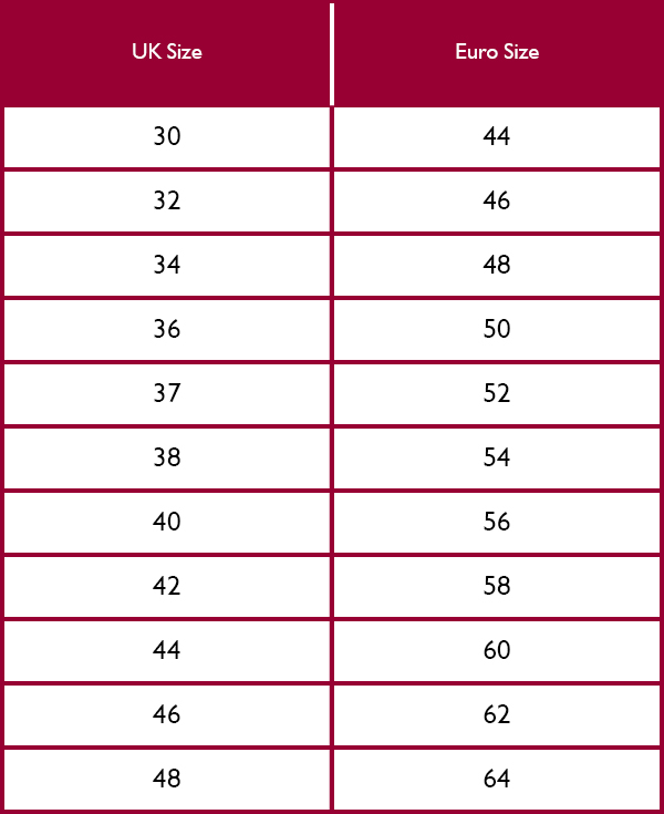 Laksen Mens Trousers Size Guide