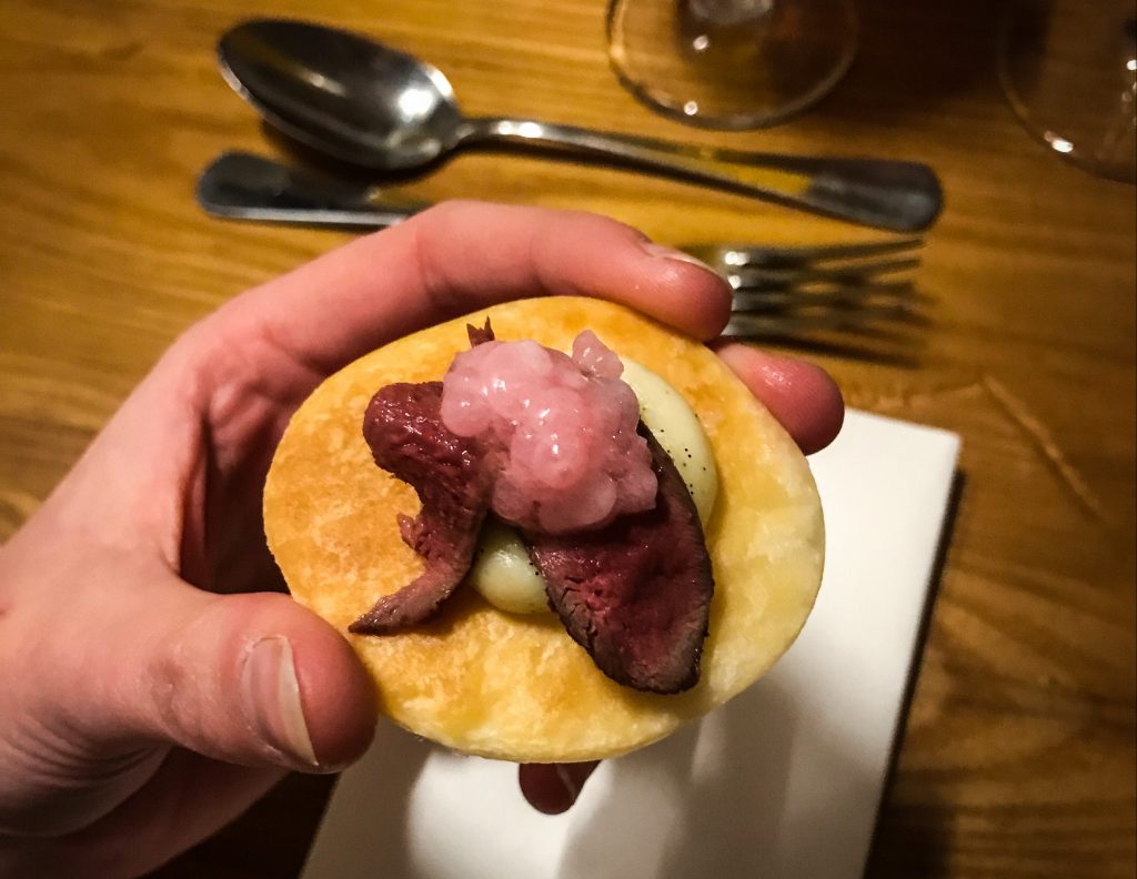 Pigeon & Parsnip Tarts scattered with Rhubarb Pearls