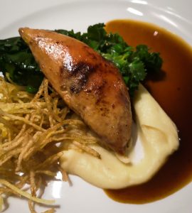 Partridge, Pear & Parsnip Puree, Straw Potatoes and Kalettes drizzled with a White Wine & Thyme Jus