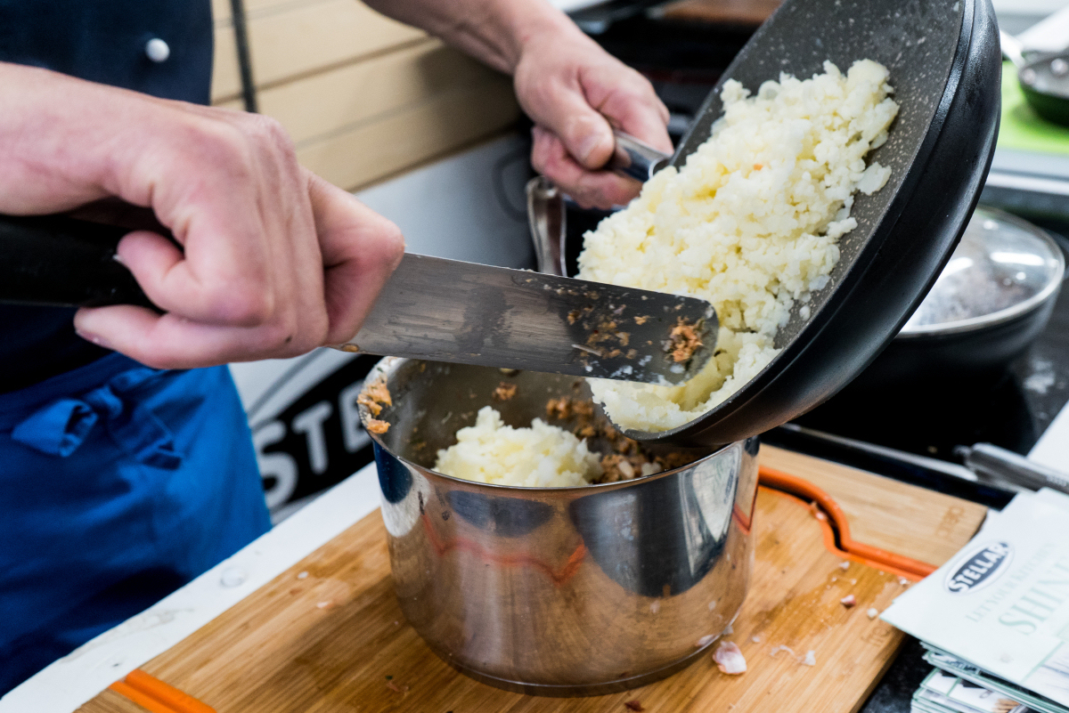 Add the cooled potatoes and a whole egg then mix well.