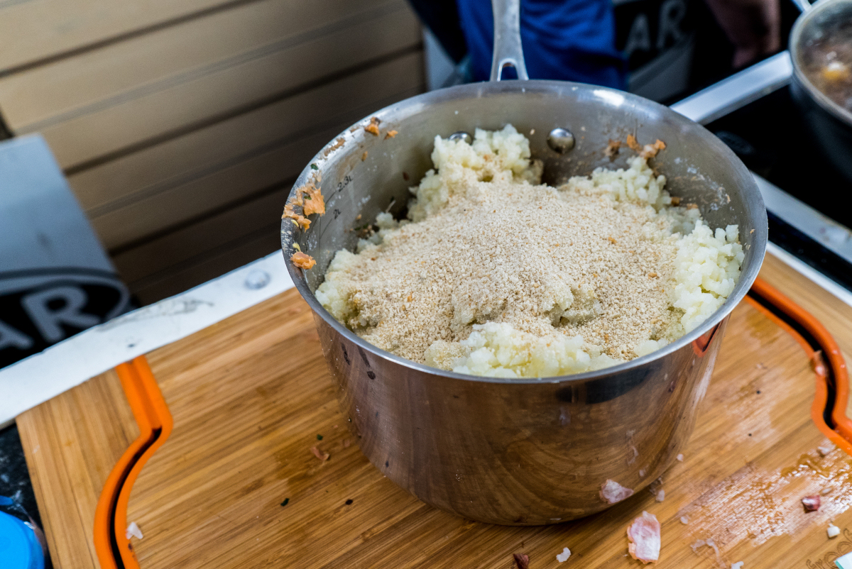 Add enough breadcrumbs to bind the mixture together.